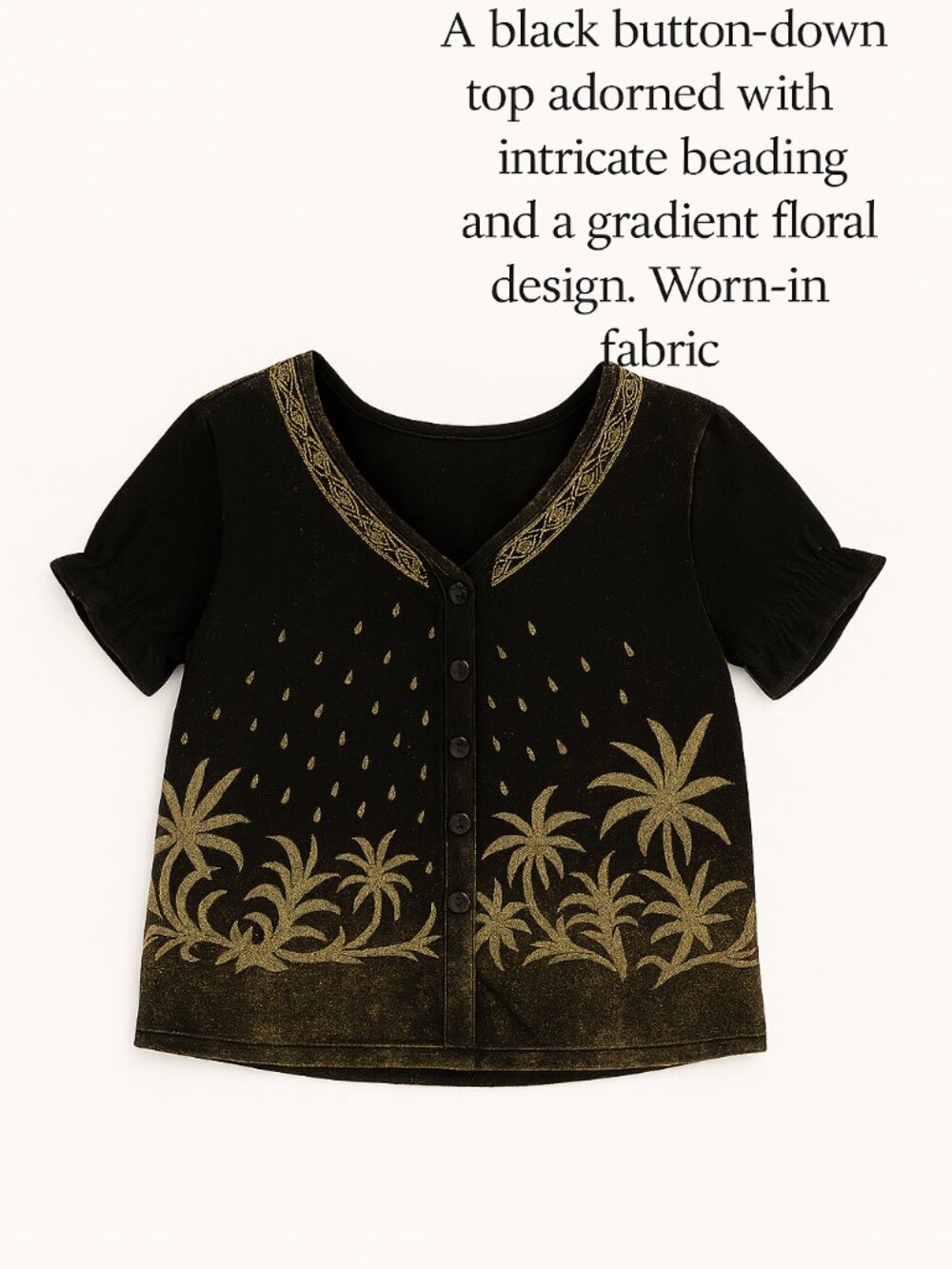 Black Sparkle Floral Button‑Front Top XL – Beaded Detail